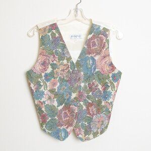 Vintage Floral Boho Embroidered Tapestry Vest Button Up White Small